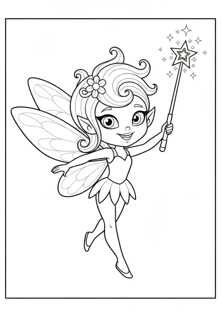 Wróżka z magiczną różdżką - kolorowanka line-art do druku dla dziewczynek - kolorowanka line-art do druku