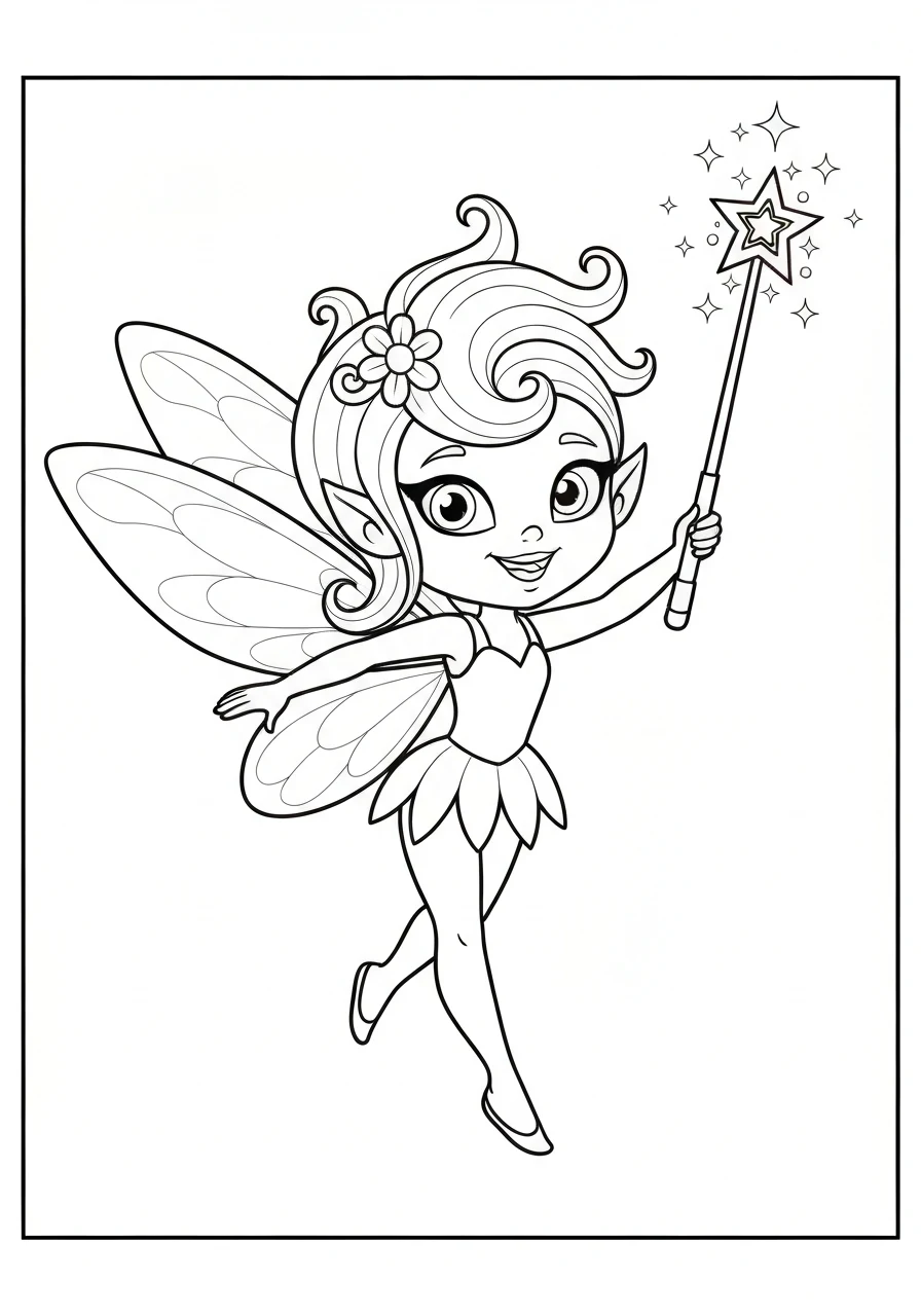 Wróżka z magiczną różdżką - kolorowanka line-art do druku dla dziewczynek - kolorowanka line-art do druku