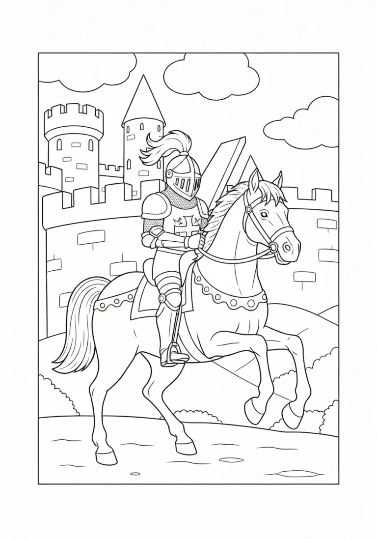 Zamek rycerski z basztami - kolorowanka do druku PDF dla dzieci - kolorowanka line-art do druku