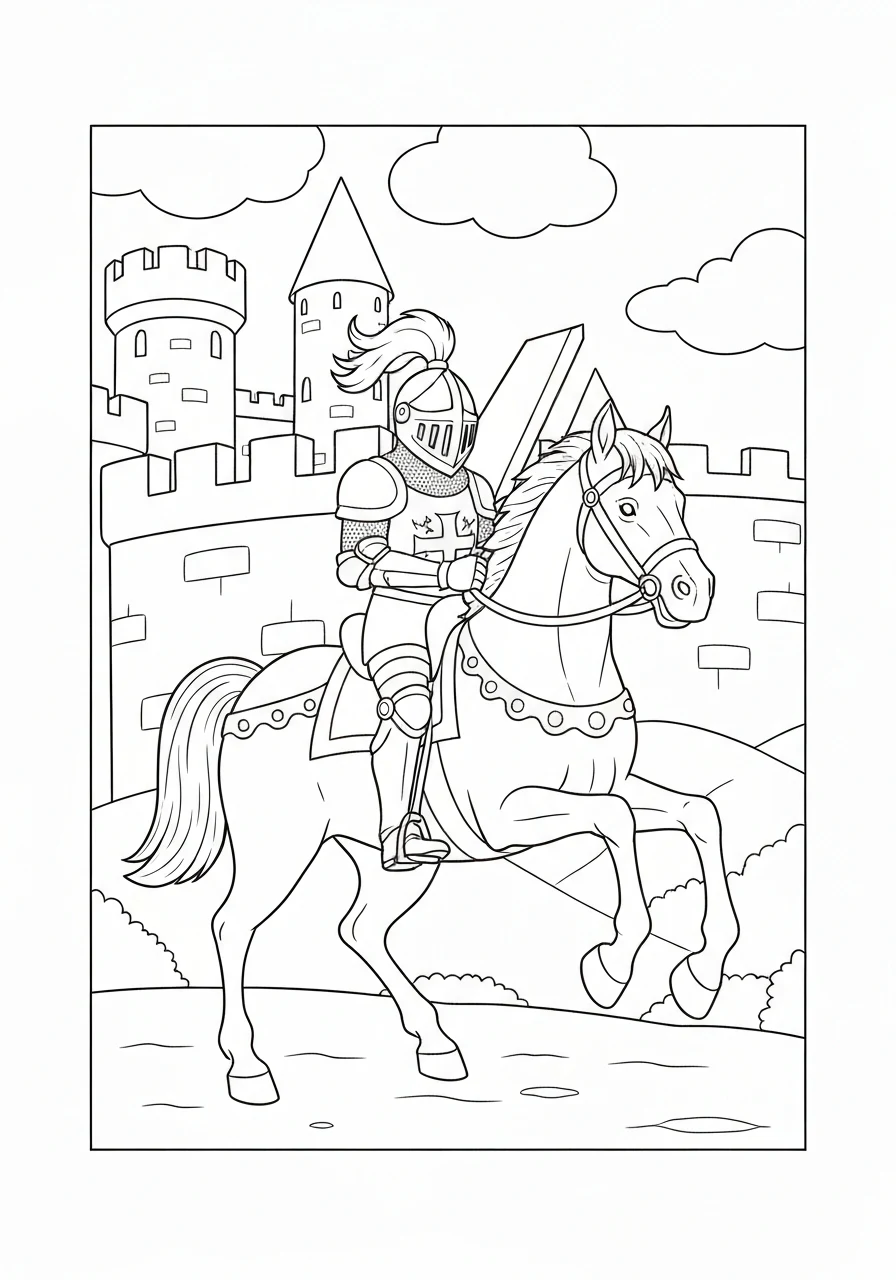 Zamek rycerski z basztami - kolorowanka do druku PDF dla dzieci - kolorowanka line-art do druku