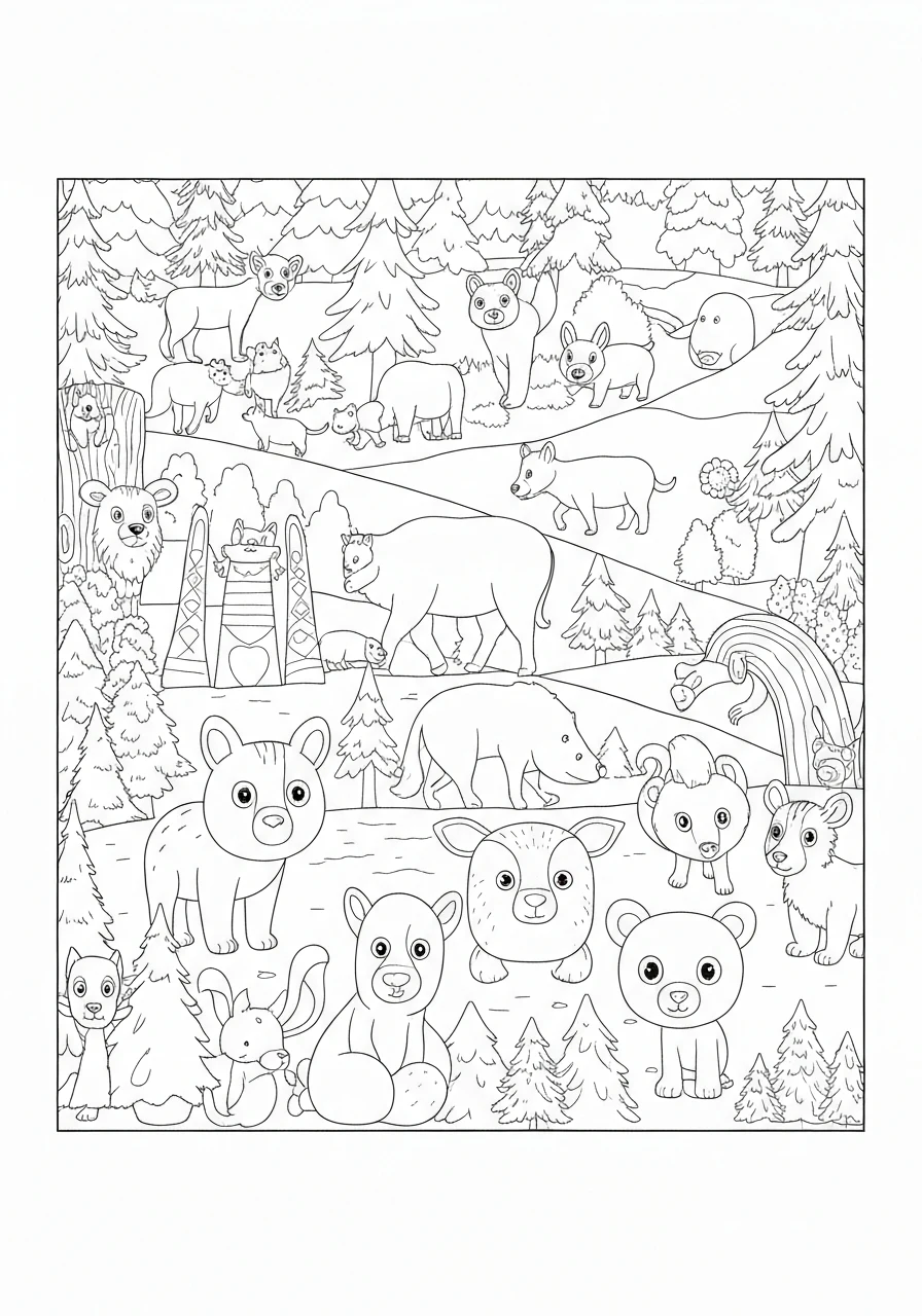 Zwierzęta zimą w lesie - kolorowanka do druku dla dzieci - kolorowanka line-art do druku