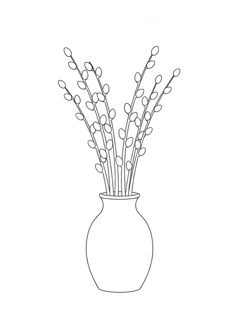 Bazie wielkanocne w wazonie - kolorowanka wiosenna - kolorowanka line-art do druku