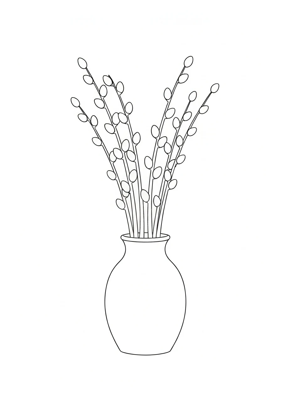 Bazie wielkanocne w wazonie - kolorowanka wiosenna - kolorowanka line-art do druku