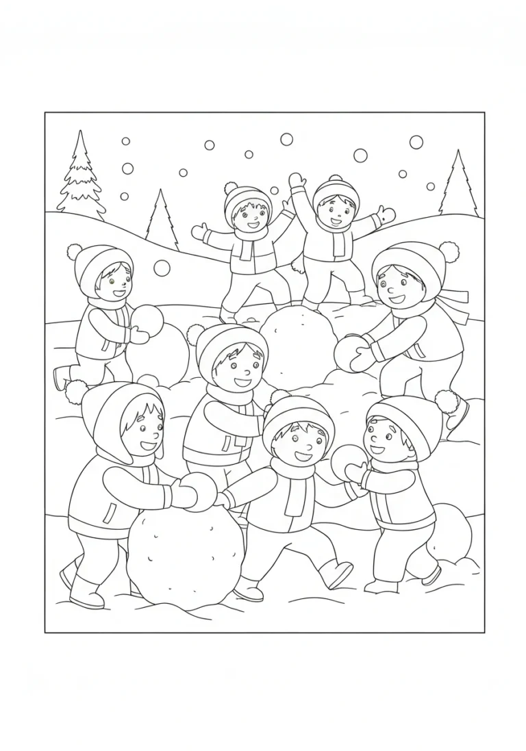 Bitwa na śnieżki - kolorowanka zima dzieci - kolorowanka line-art do druku