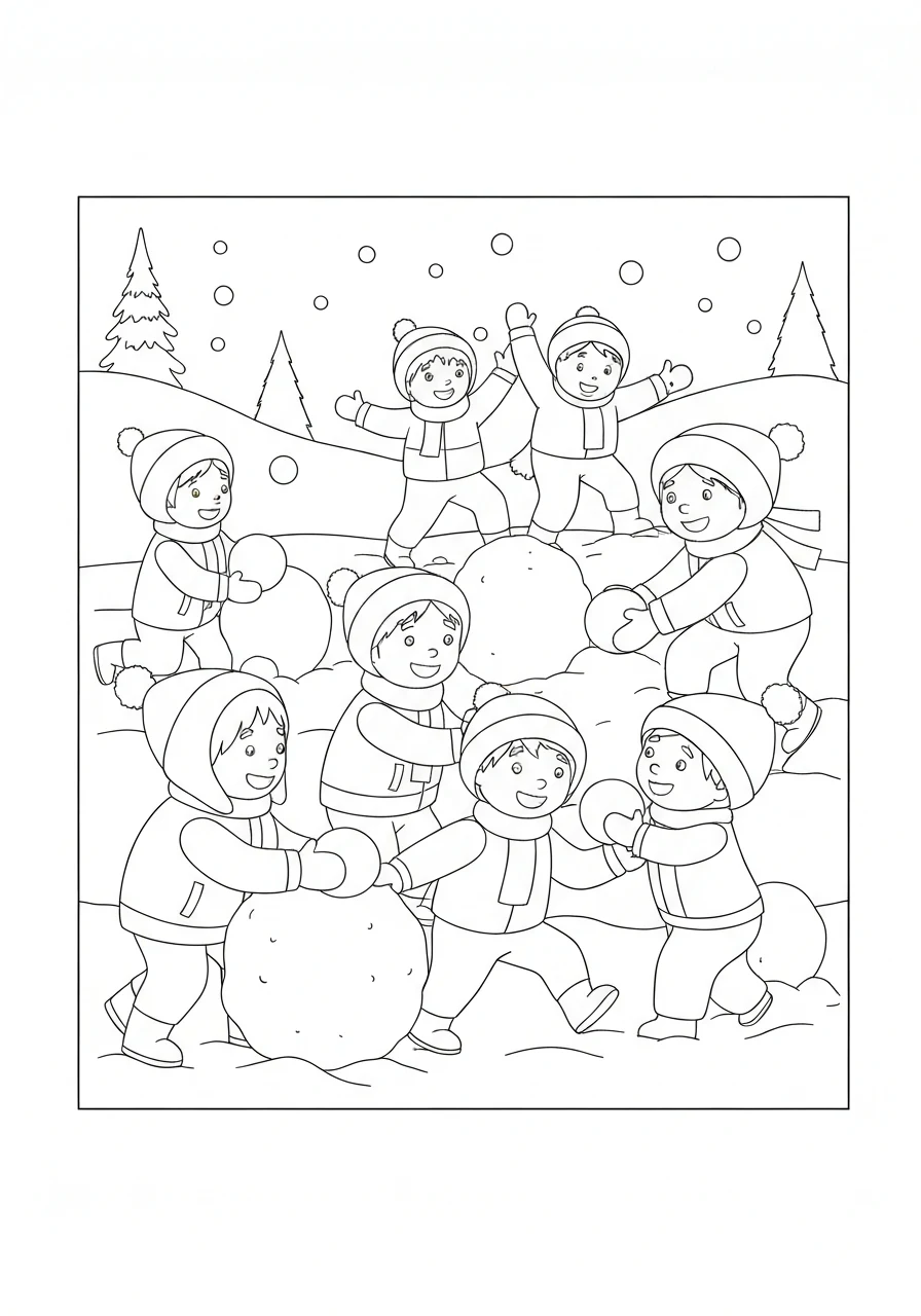Bitwa na śnieżki - kolorowanka zima dzieci - kolorowanka line-art do druku