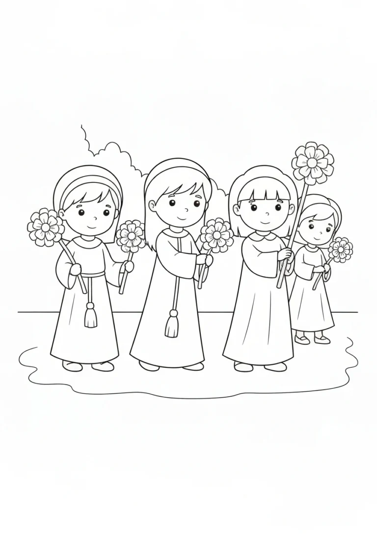 Boże Ciało - procesja z kwiatami - kolorowanka - kolorowanka line-art do druku