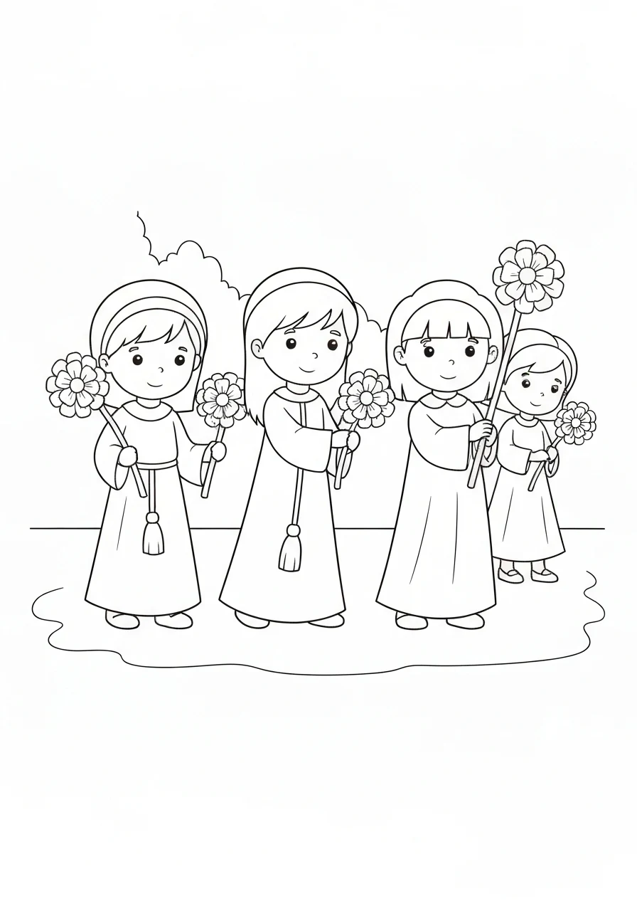 Boże Ciało - procesja z kwiatami - kolorowanka - kolorowanka line-art do druku