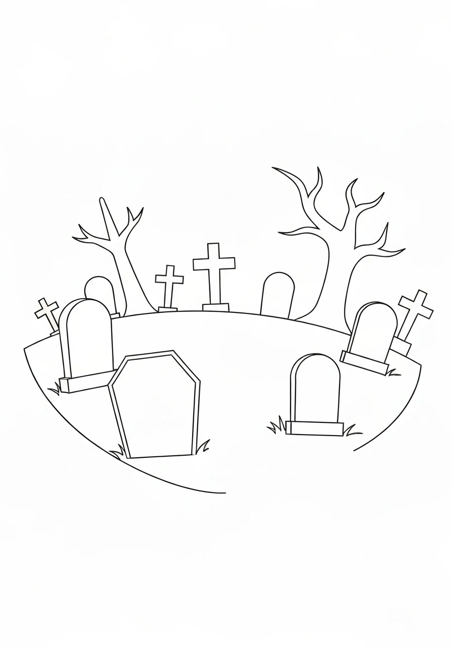 Cmentarz Halloween dla dzieci - kolorowanka - kolorowanka line-art do druku