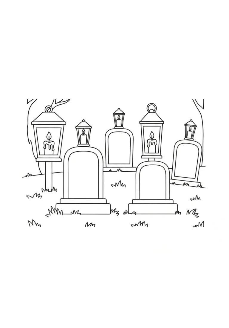 Cmentarz ze zniczami listopad - kolorowanka - kolorowanka line-art do druku