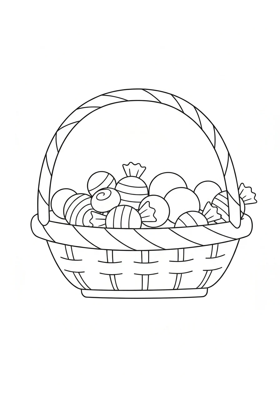 Cukierki Halloween w koszyczku - kolorowanka - kolorowanka line-art do druku