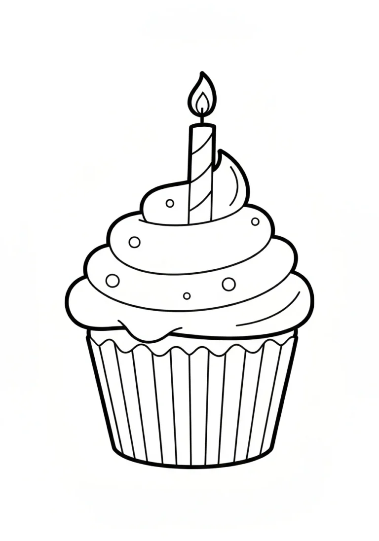 Cupcake urodzinowy ze świeczką - kolorowanka - kolorowanka line-art do druku