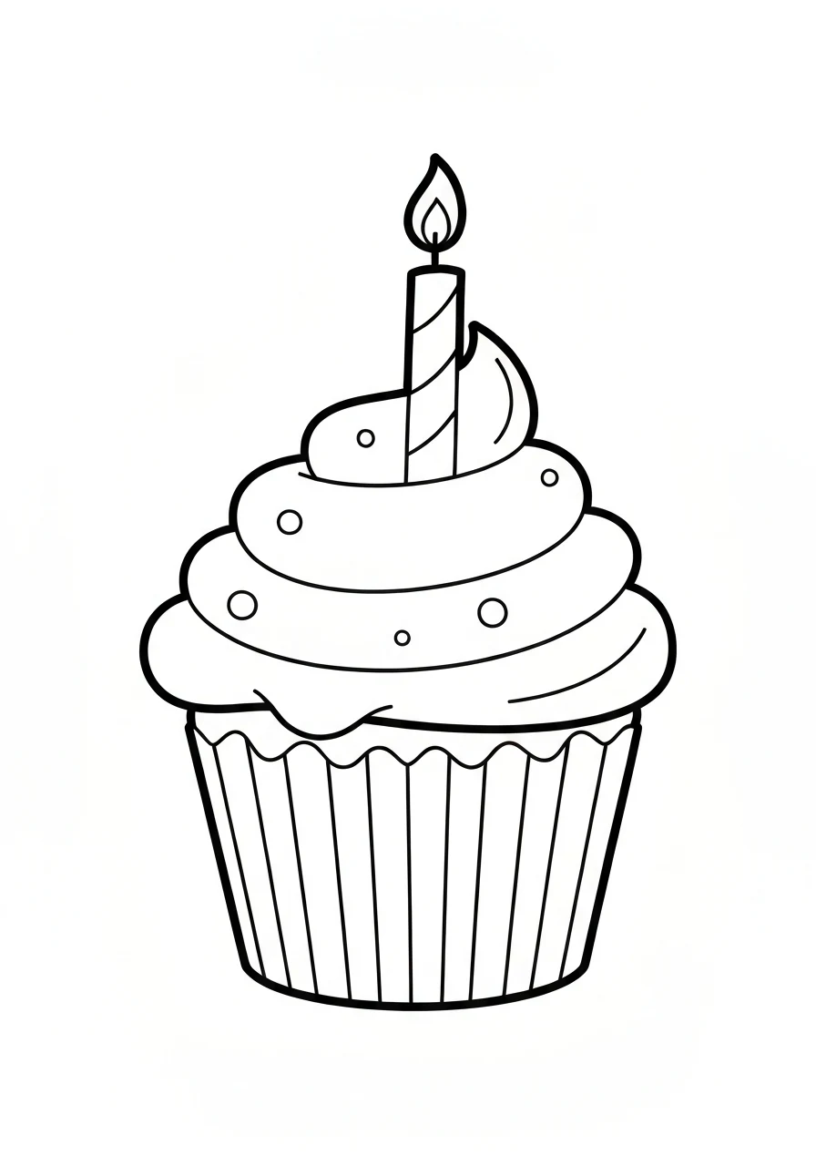 Cupcake urodzinowy ze świeczką - kolorowanka - kolorowanka line-art do druku