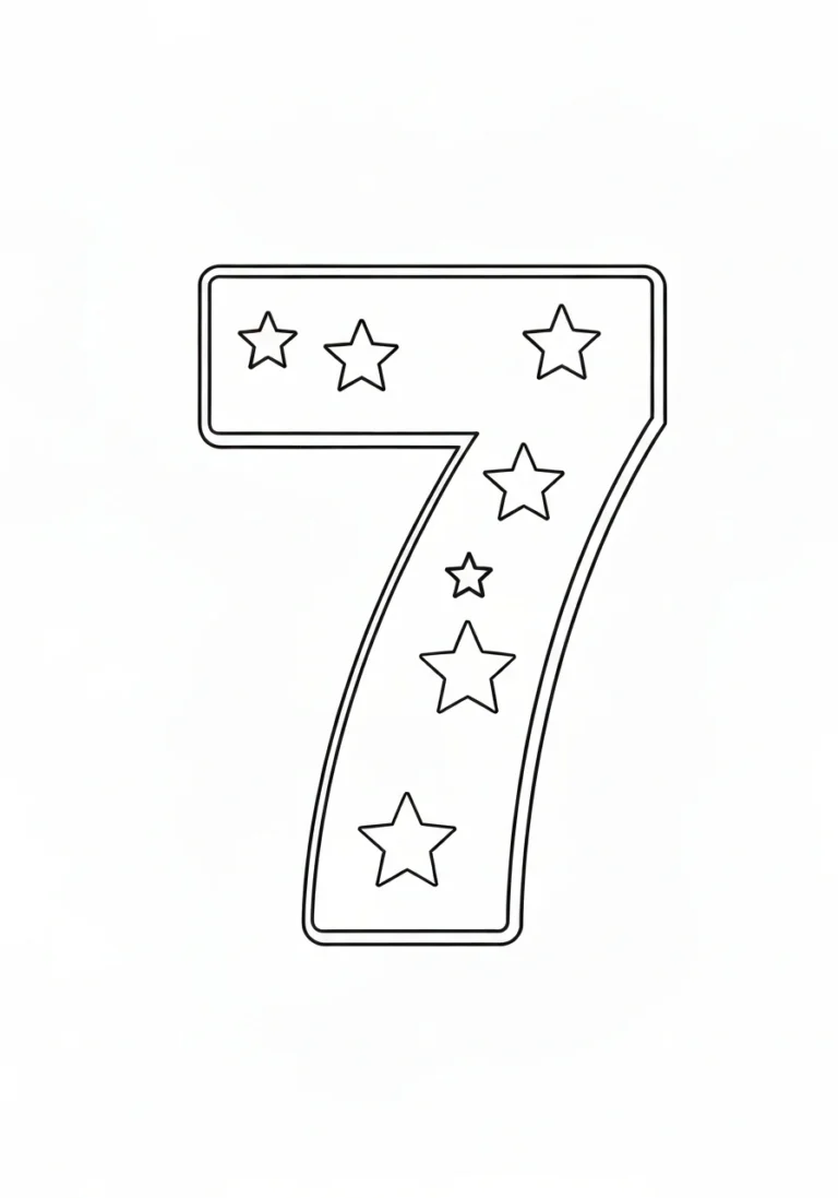 Cyfra 7 z siedmioma gwiazdkami - kolorowanka liczenie - kolorowanka line-art do druku