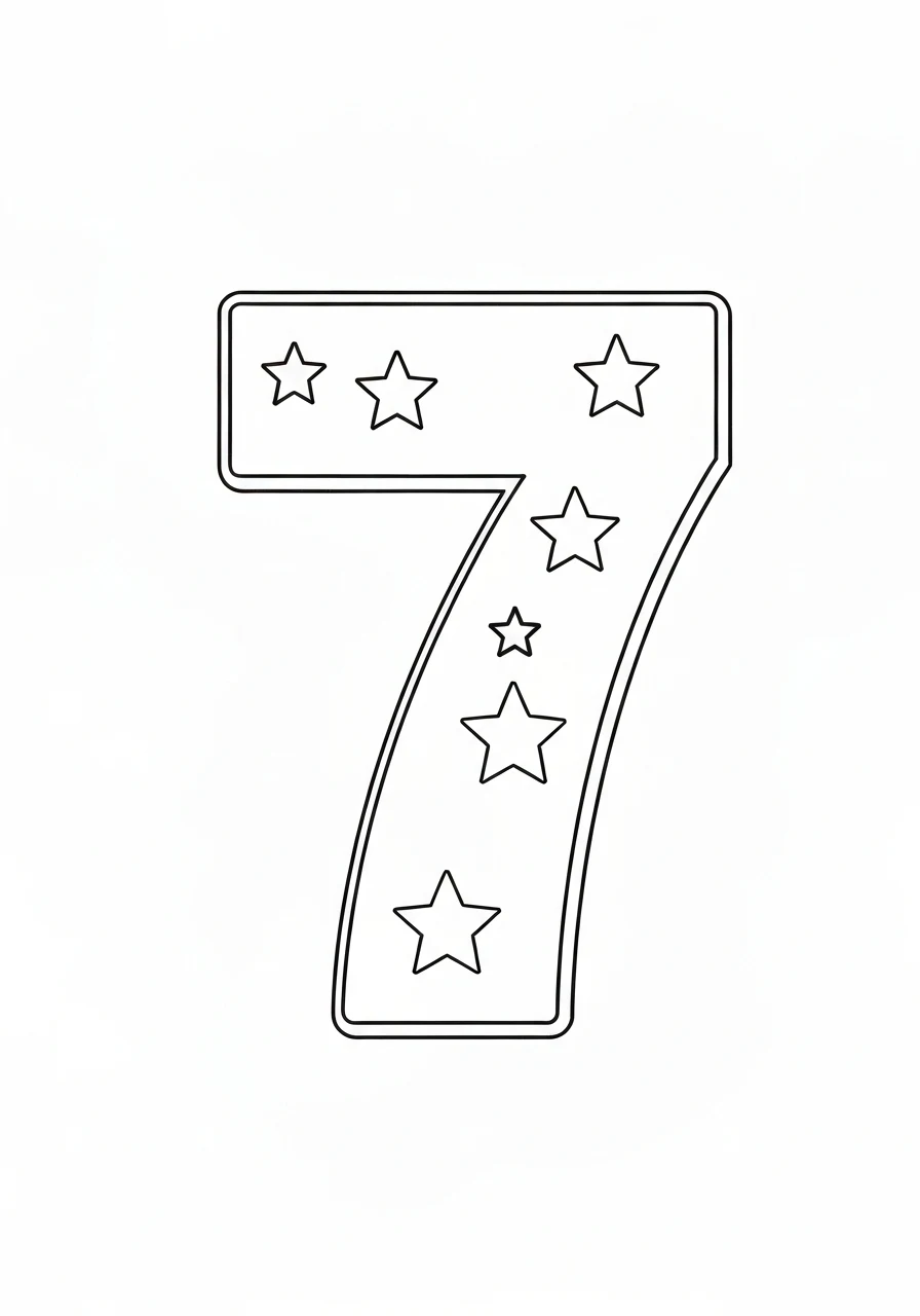 Cyfra 7 z siedmioma gwiazdkami - kolorowanka liczenie - kolorowanka line-art do druku