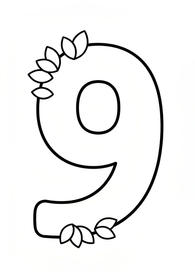 Cyfra 9 z dziewięcioma listkami - kolorowanka liczba - kolorowanka line-art do druku