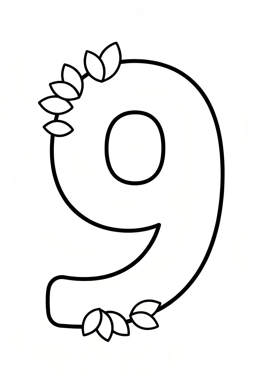 Cyfra 9 z dziewięcioma listkami - kolorowanka liczba - kolorowanka line-art do druku