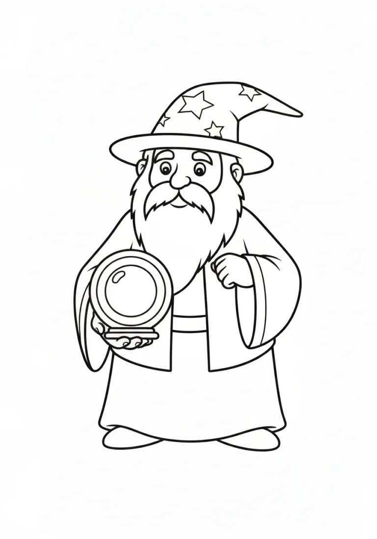 Czarodziej z kryształową kulą - kolorowanka mistyczna - kolorowanka line-art do druku