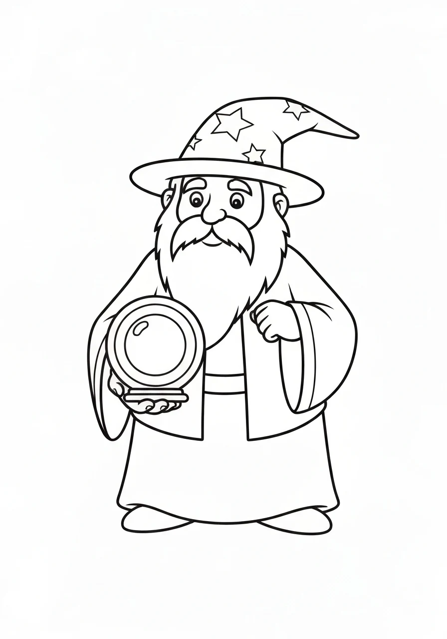 Czarodziej z kryształową kulą - kolorowanka mistyczna - kolorowanka line-art do druku