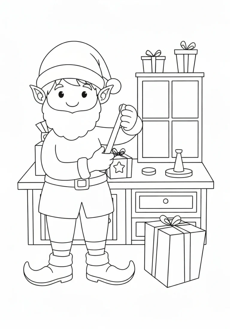 Elf Mikołaja w warsztacie - kolorowanka świąteczna - kolorowanka line-art do druku