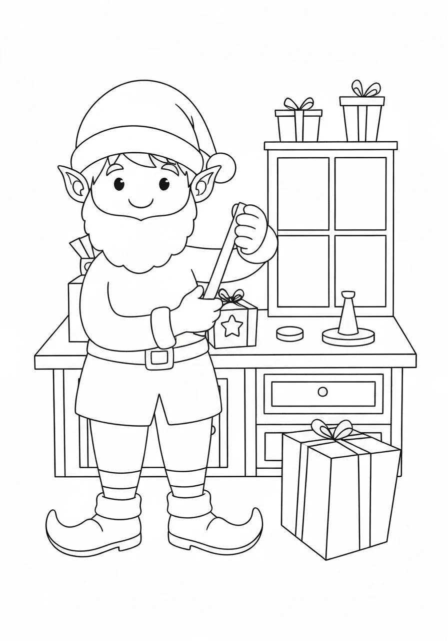 Elf Mikołaja w warsztacie - kolorowanka świąteczna - kolorowanka line-art do druku