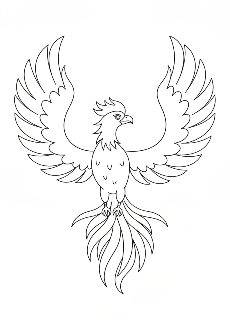 Feniks z płomieniami - kolorowanka mityczna - kolorowanka line-art do druku