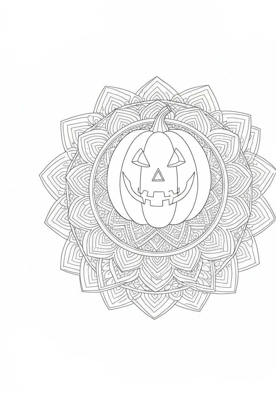 Halloween mandala z dynią - kolorowanka - kolorowanka line-art do druku