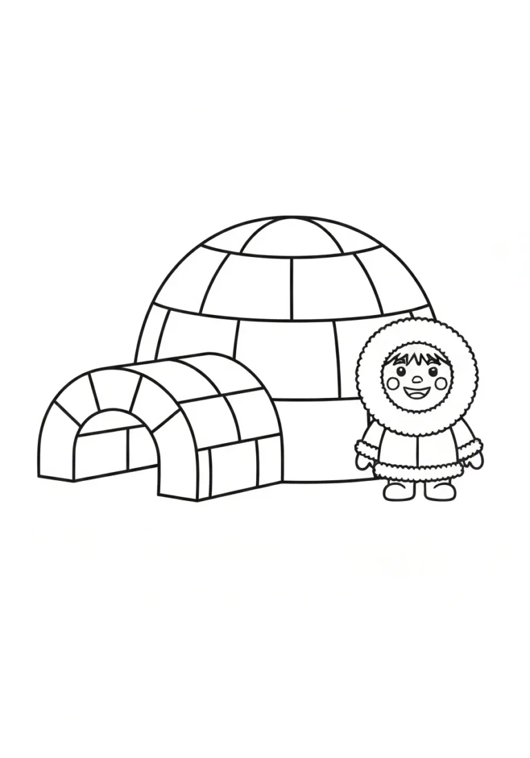 Igloo z Eskimosem - kolorowanka zima - kolorowanka line-art do druku