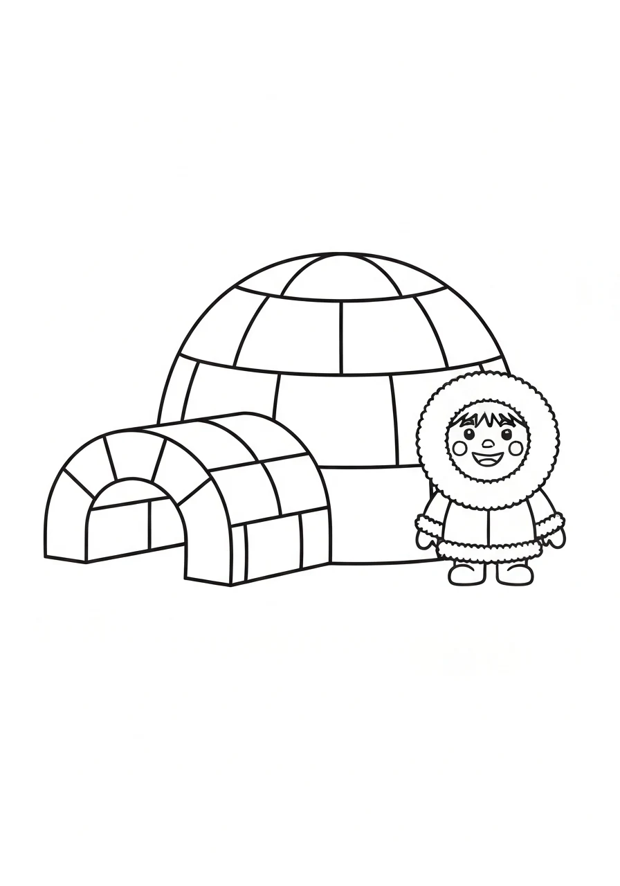 Igloo z Eskimosem - kolorowanka zima - kolorowanka line-art do druku