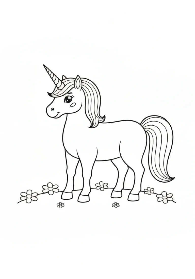 Jednorożec na łące z kwiatami - line-art wiosenny - kolorowanka line-art do druku