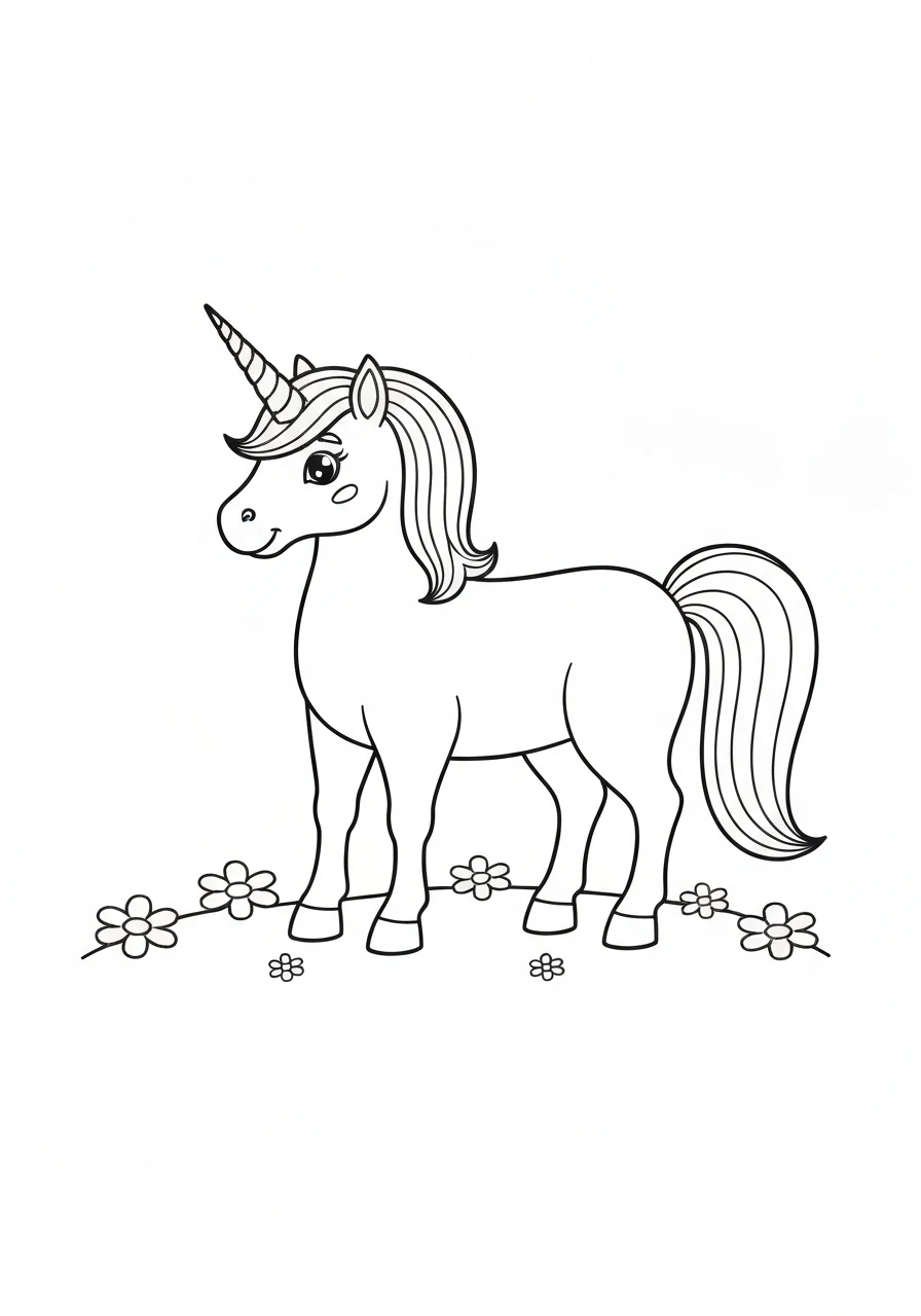 Jednorożec na łące z kwiatami - line-art wiosenny - kolorowanka line-art do druku