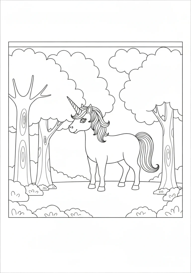 Jednorożec w lesie magicznym - line-art PDF - kolorowanka line-art do druku