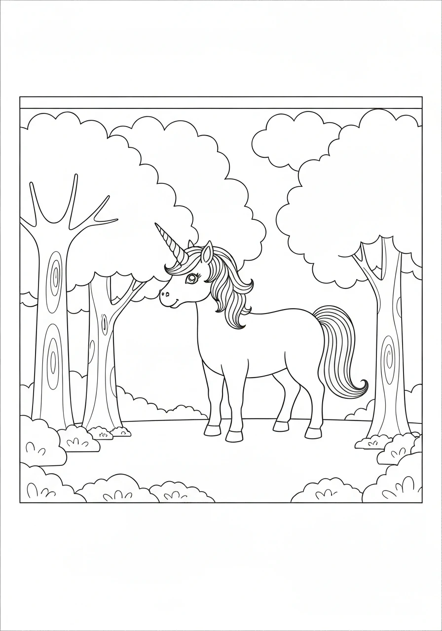Jednorożec w lesie magicznym - line-art PDF - kolorowanka line-art do druku