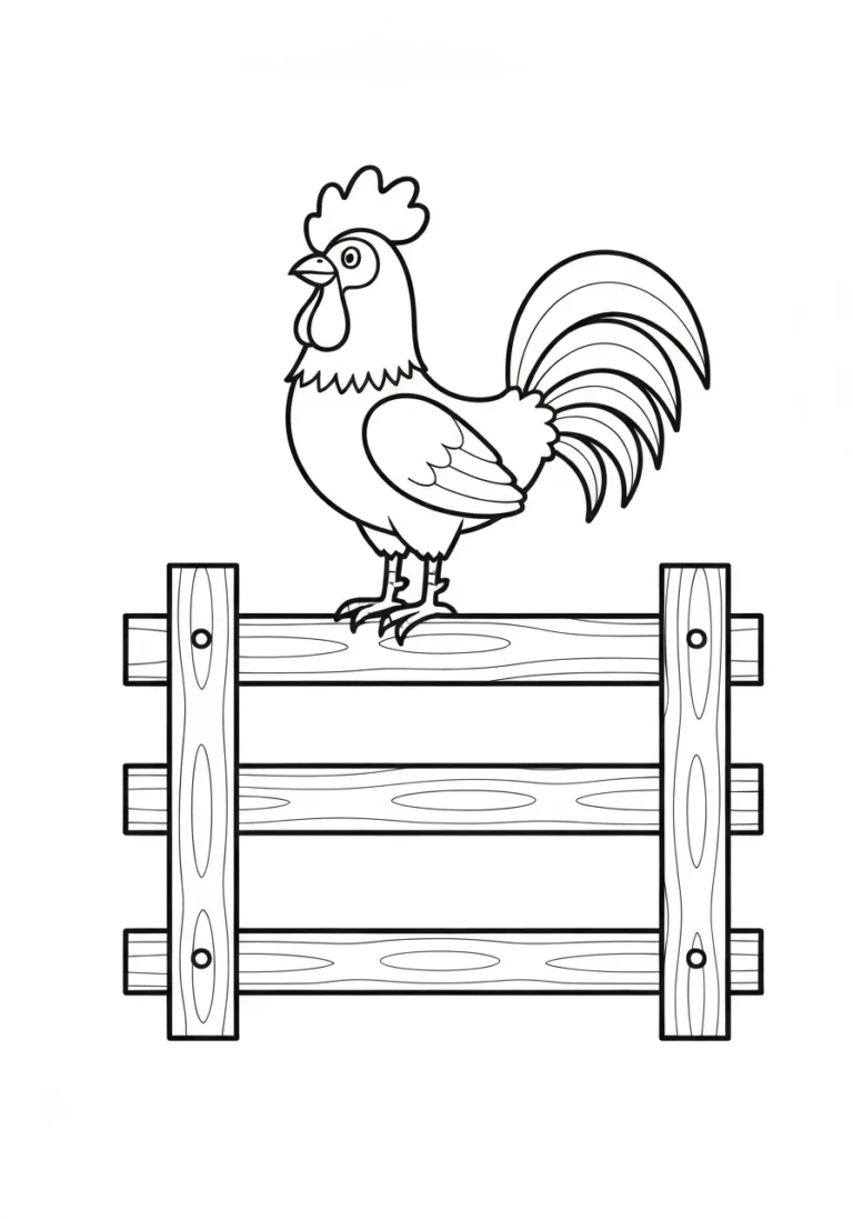 Kogut na płocie - kolorowanka wielkanocna - kolorowanka line-art do druku