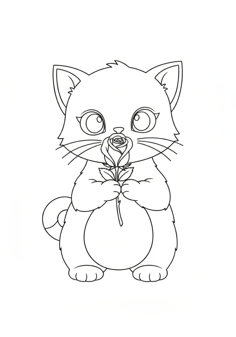 Kotek z różą - kolorowanka walentynkowa - kolorowanka line-art do druku