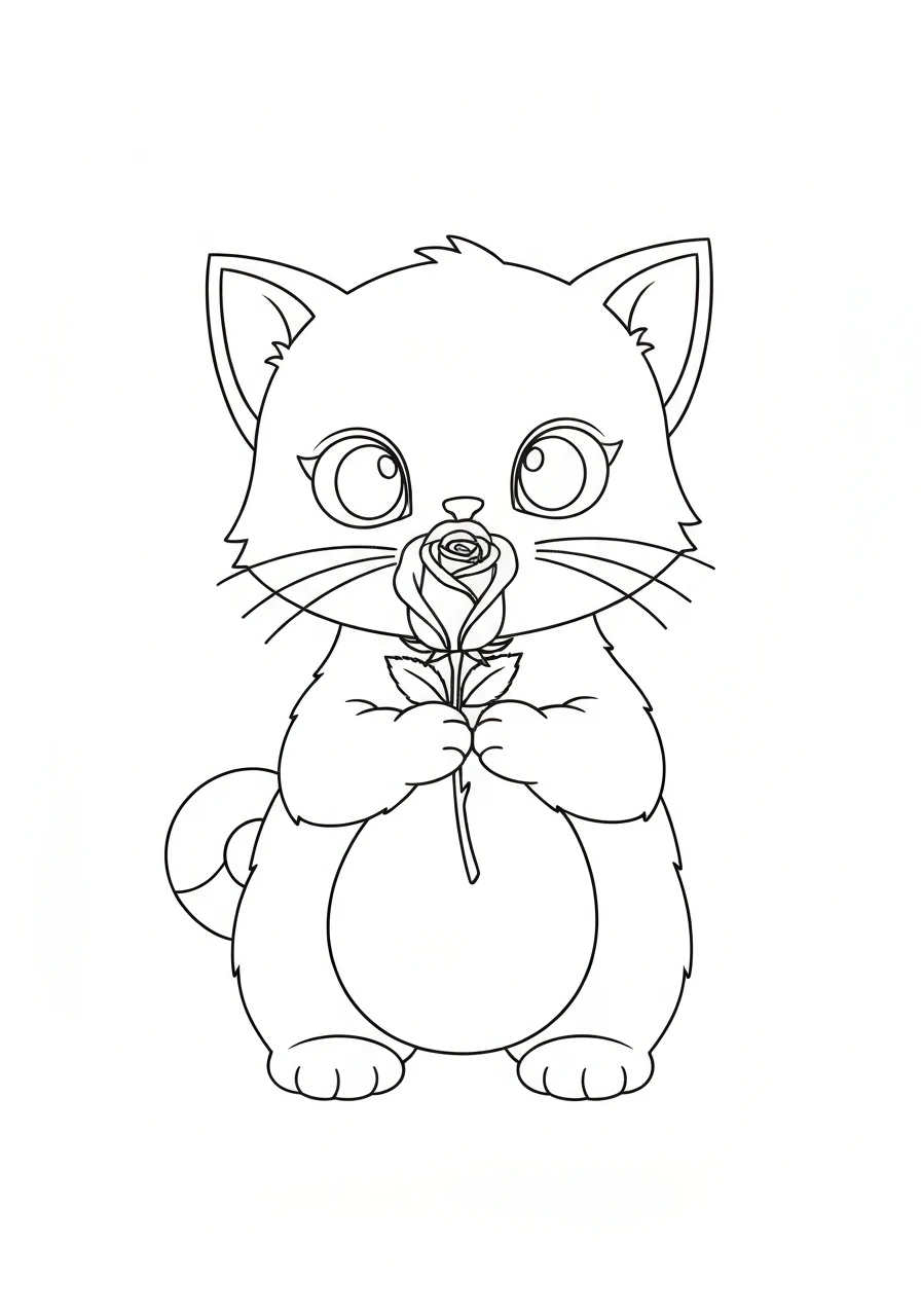 Kotek z różą - kolorowanka walentynkowa - kolorowanka line-art do druku