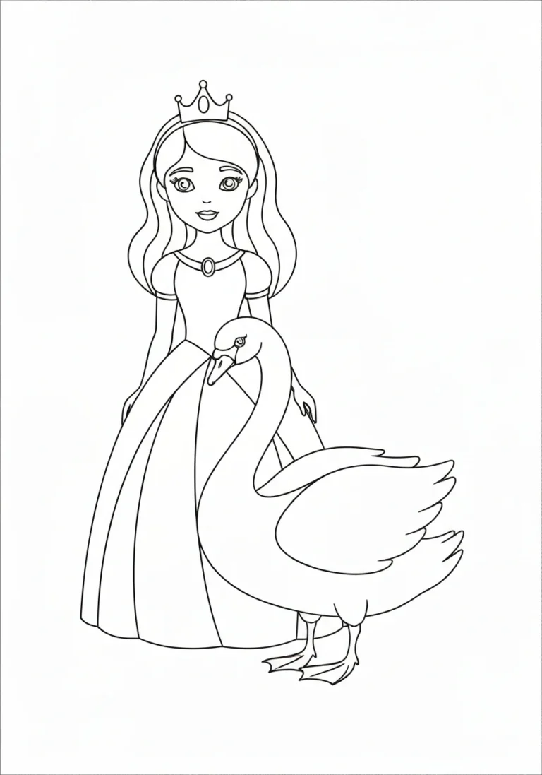 Królewna z łabędziem - kolorowanka delikatna dla dziewczynek - kolorowanka line-art do druku