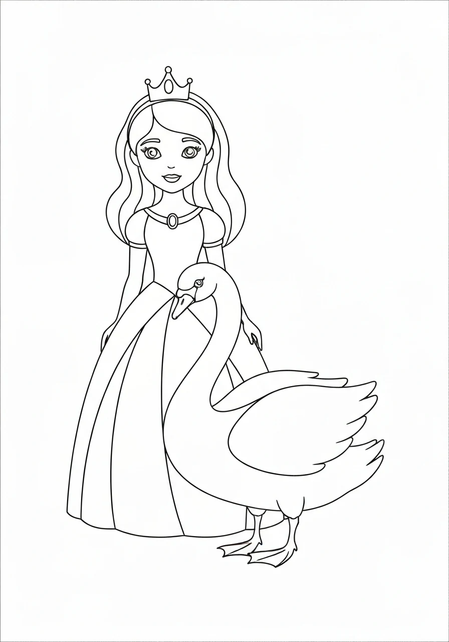Królewna z łabędziem - kolorowanka delikatna dla dziewczynek - kolorowanka line-art do druku