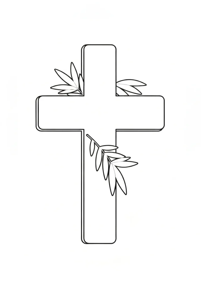 Krzyż wielkanocny z palmami - kolorowanka religijna - kolorowanka line-art do druku