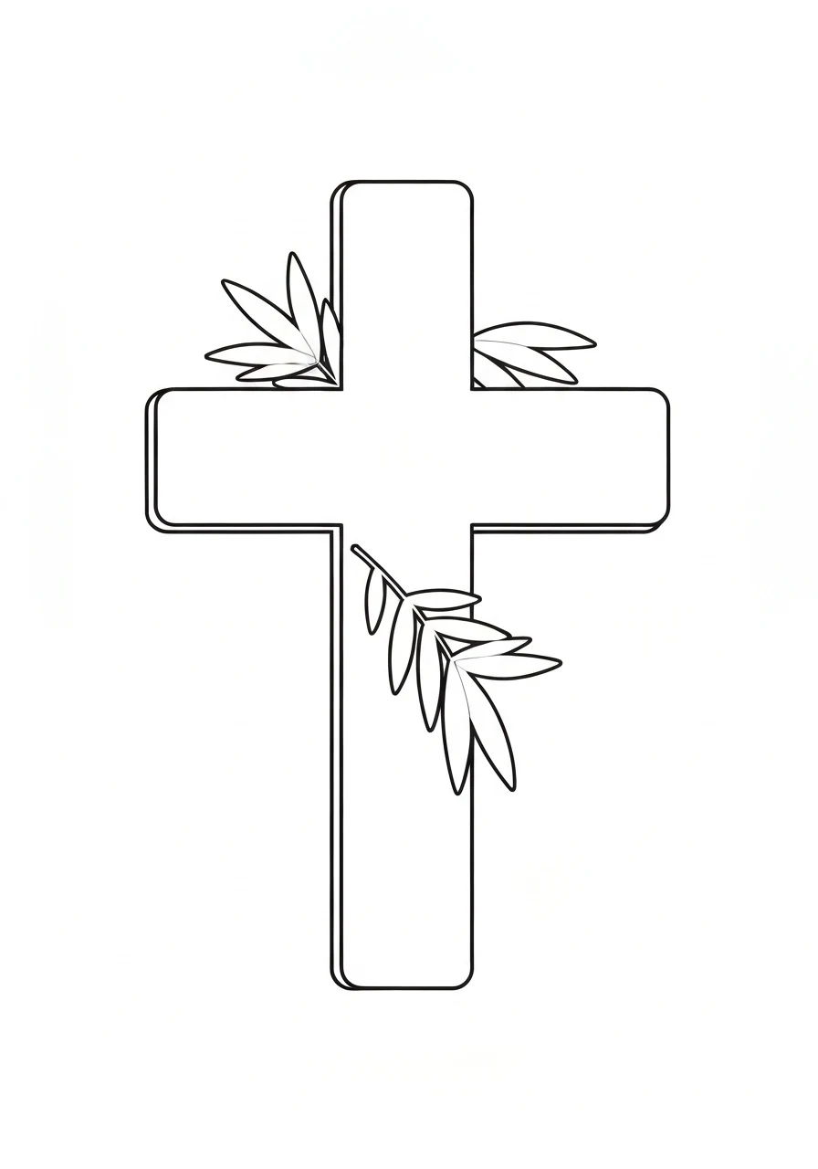 Krzyż wielkanocny z palmami - kolorowanka religijna - kolorowanka line-art do druku