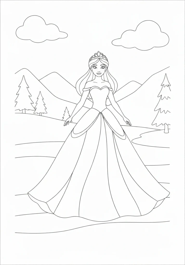 Księżniczka lodowa w zimowym pejzażu - line-art - kolorowanka line-art do druku