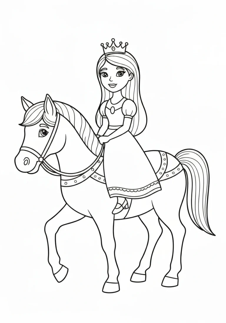 Księżniczka na koniu - kolorowanka dla dziewczynek - kolorowanka line-art do druku