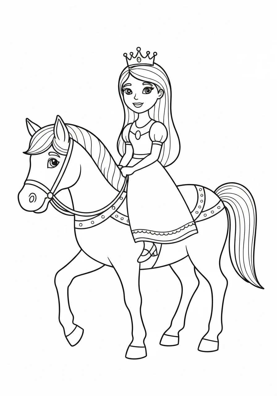 Księżniczka na koniu - kolorowanka dla dziewczynek - kolorowanka line-art do druku