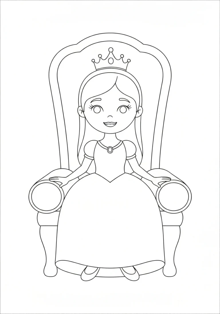 Księżniczka na tronie - kolorowanka dla dzieci 5-7 lat - kolorowanka line-art do druku