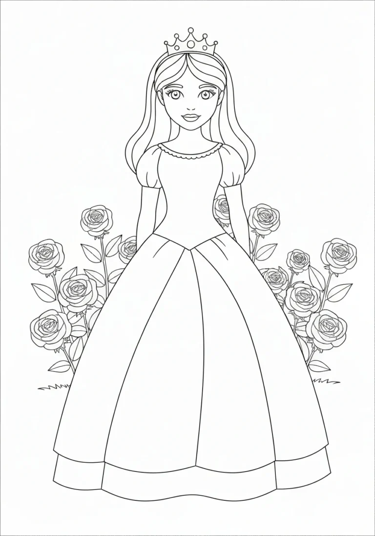 Księżniczka w ogrodzie różanym - line-art do pokolorowania - kolorowanka line-art do druku