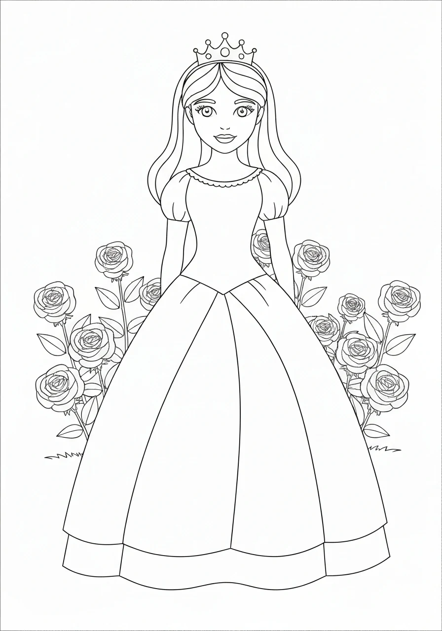 Księżniczka w ogrodzie różanym - line-art do pokolorowania - kolorowanka line-art do druku