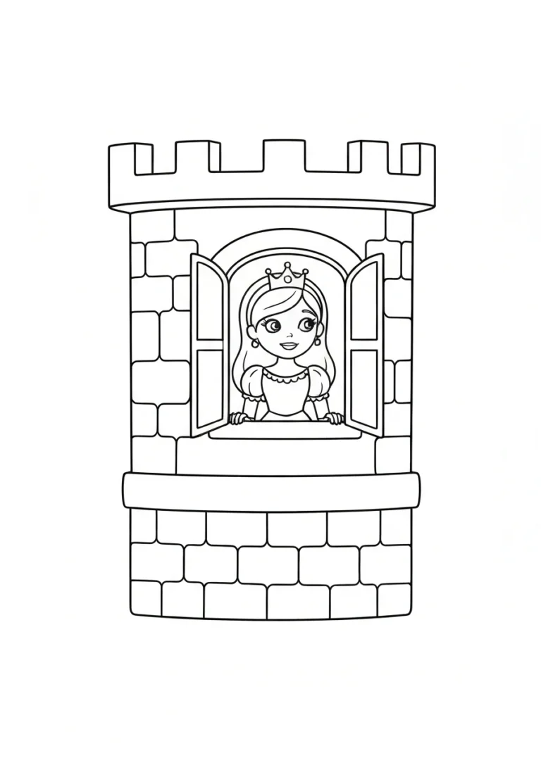 Księżniczka w wieży zamku - line-art dla dzieci - kolorowanka line-art do druku