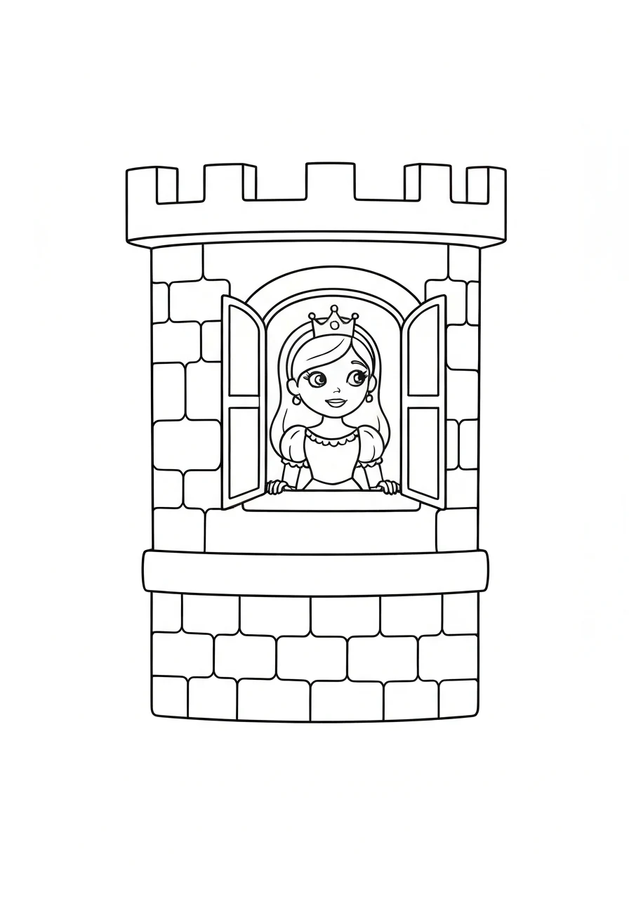 Księżniczka w wieży zamku - line-art dla dzieci - kolorowanka line-art do druku
