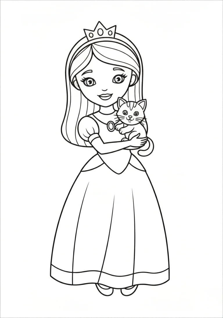 Księżniczka z kotkiem - kolorowanka urocza - kolorowanka line-art do druku
