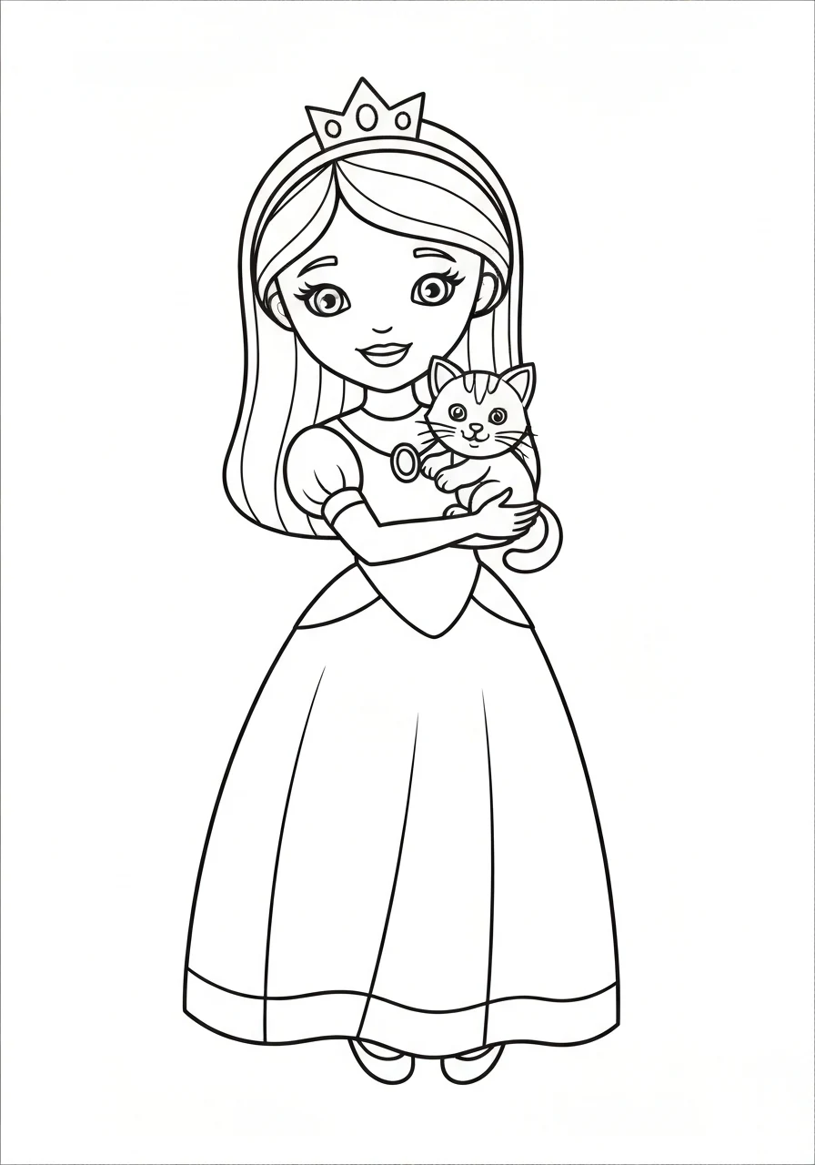 Księżniczka z kotkiem - kolorowanka urocza - kolorowanka line-art do druku