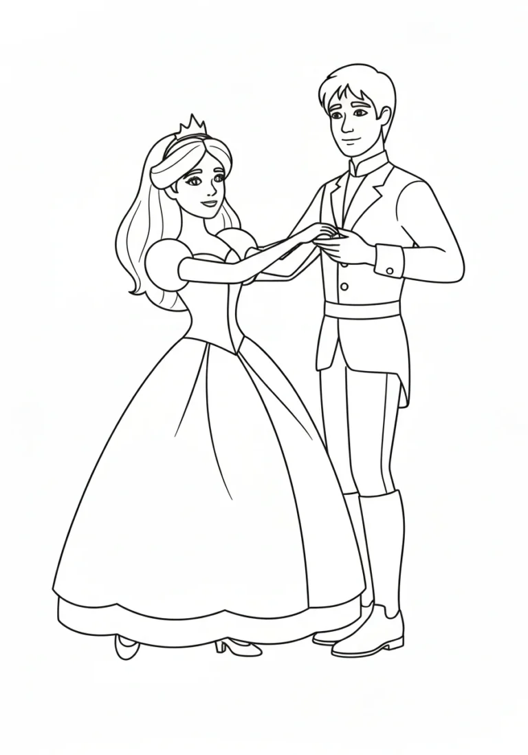 Księżniczka z księciem na balu - kolorowanka PDF - kolorowanka line-art do druku
